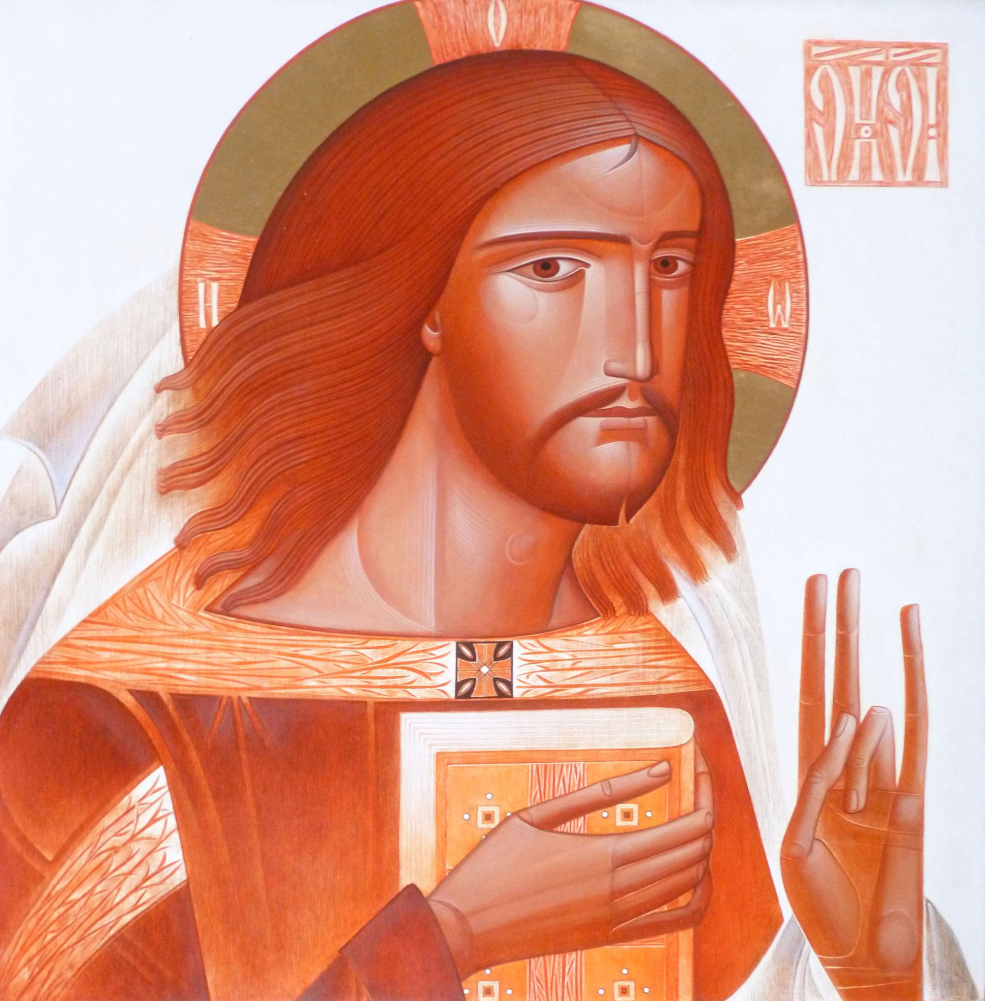  柳芭·亚茨基夫(b .. 1977年)，基督潘托克拉托，2015年，亚克力在石膏木，23 x 23英寸. 图片由神圣艺术朝圣者收藏提供.